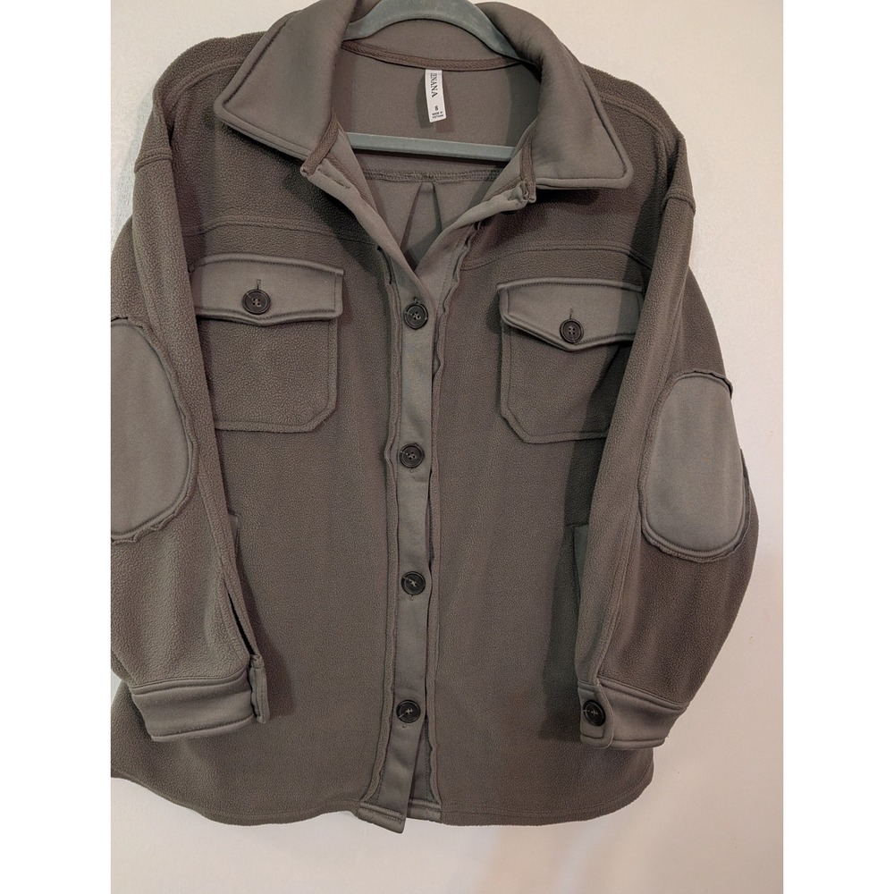 Zenana Olive Green Fleece Shacket Button Front Elbow Patch Jacket QJ-4000Y S - Picture 3 of 10